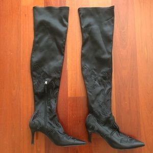 Zara Black Thigh High Embroidered Boots